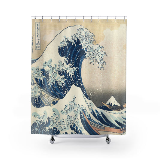 Great Wave off Kanagawa Shower Curtain with big wave design, iconic bathroom decor featuring the famous wave art.