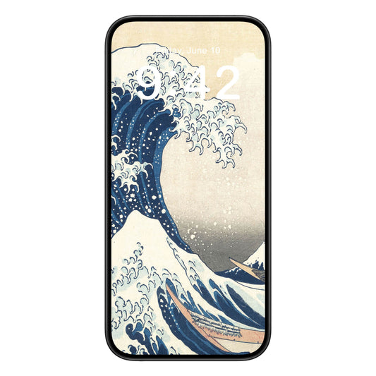 Great Wave off Kanagawa phone wallpaper background with big wave design shown on a phone lock screen, instant download available.