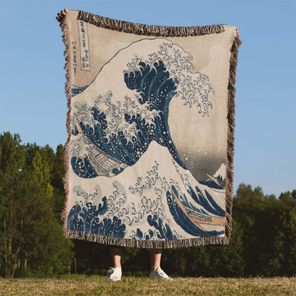 Big Wave Woven Blanket Held Up Outside