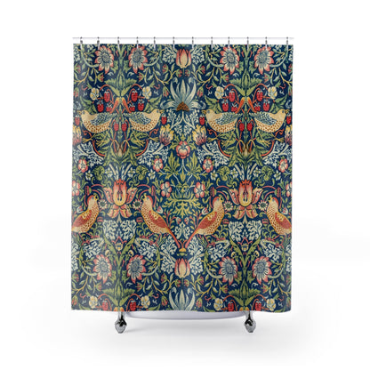 Birds and Plants Shower Curtain with William Morris design, classic bathroom decor showcasing Morris's botanical themes.