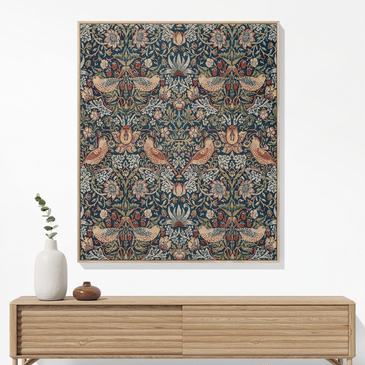 Birds and Plants Woven Blanket Woven Blanket Hanging on a Wall as Framed Wall Art