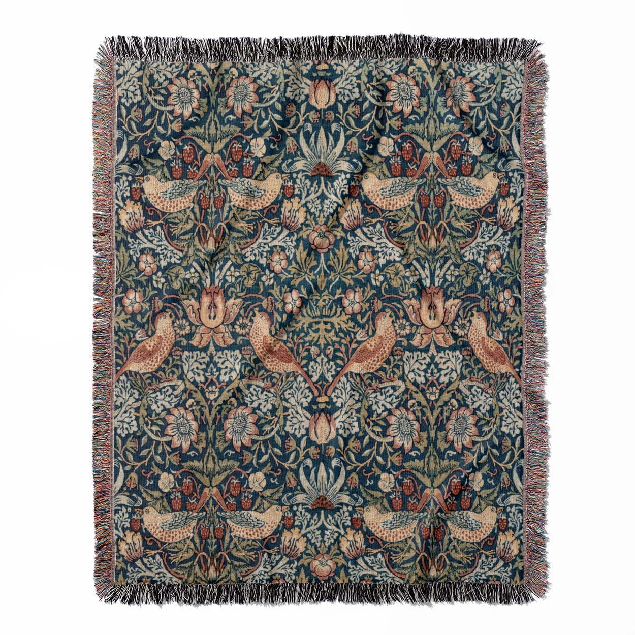 Birds and Plants woven throw blanket, made of 100% cotton, featuring a soft and cozy texture with a William Morris design for home decor.