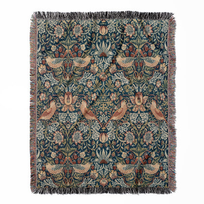 Birds and Plants woven throw blanket, made of 100% cotton, featuring a soft and cozy texture with a William Morris design for home decor.