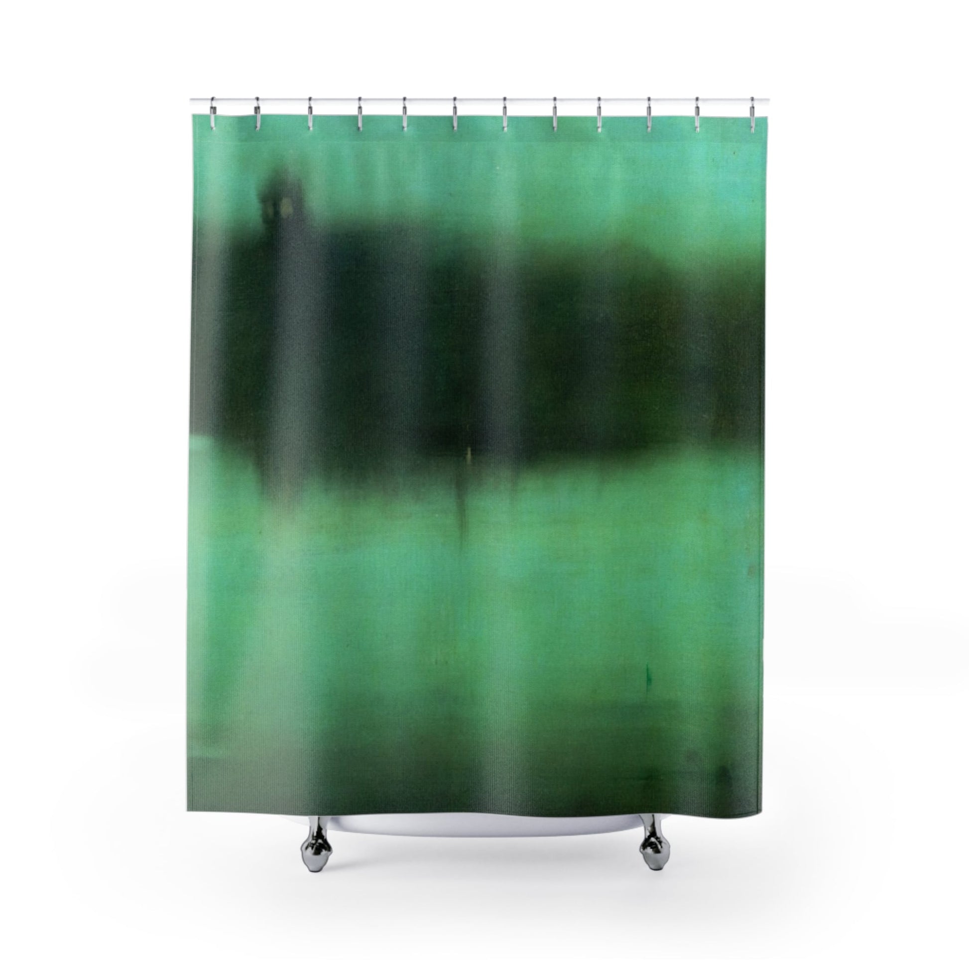 Black and Green Shower Curtain with abstract moody design, artistic bathroom decor featuring dark and moody patterns.