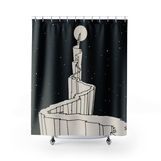Black and White Fantasy Shower Curtain with cool moon design, mystical bathroom decor featuring fantasy moon art.