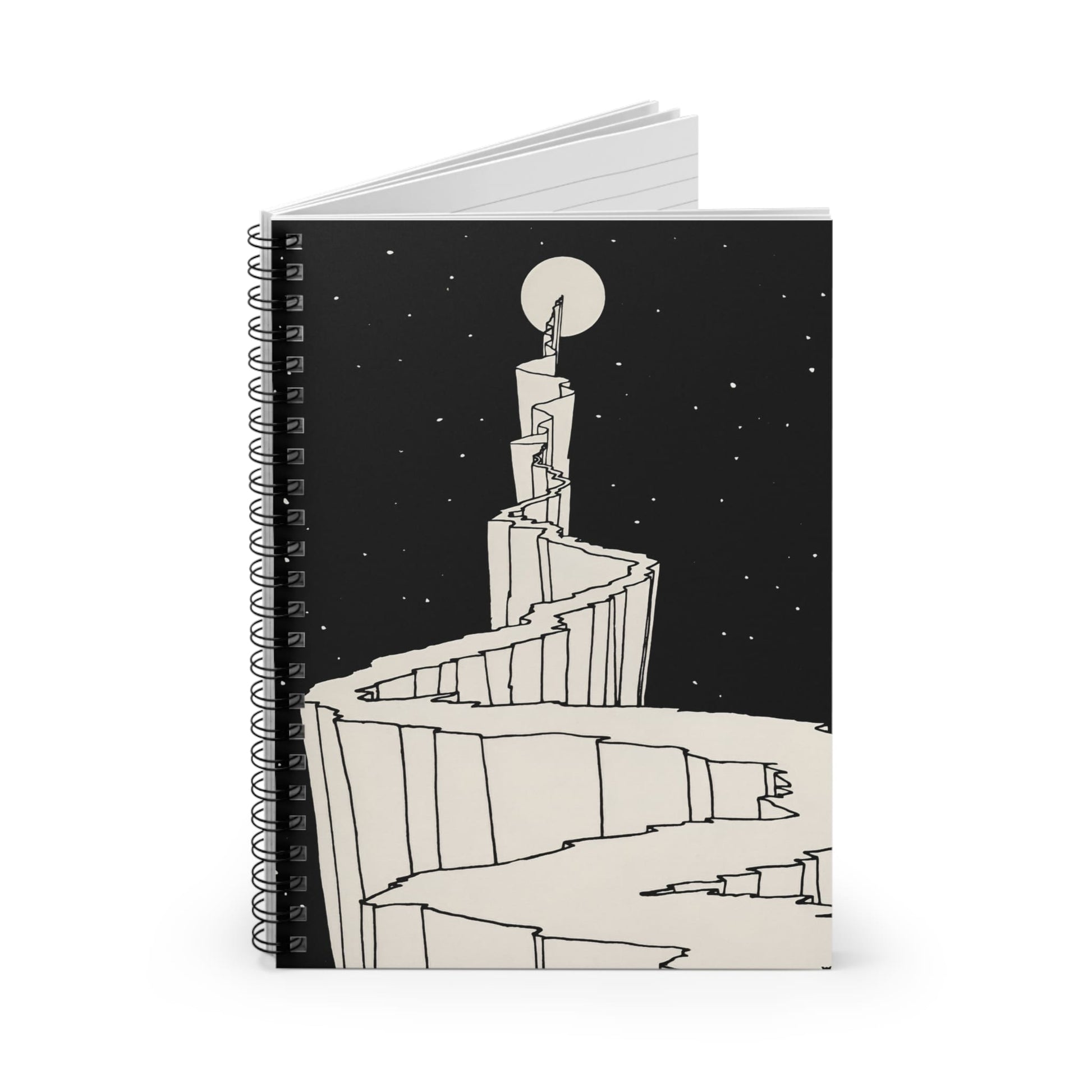 Black and White Fantasy Spiral Notebook Standing up on White Desk