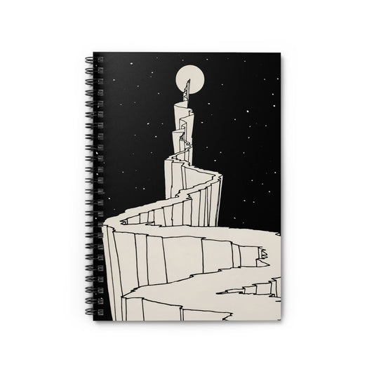 Black and White Fantasy Notebook with cool moon cover, ideal for journals and planners, featuring a fantasy-themed black and white moon illustration.