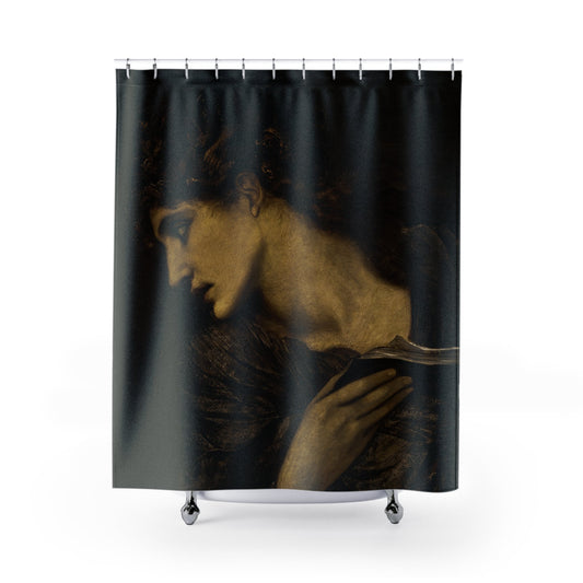 Black and White Moody Shower Curtain with dark academia design, scholarly bathroom decor featuring moody black and white art.