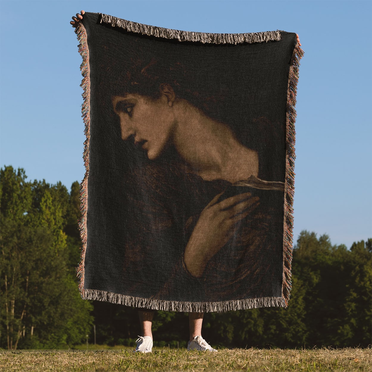 Black and White Moody Woven Blanket Held Up Outside