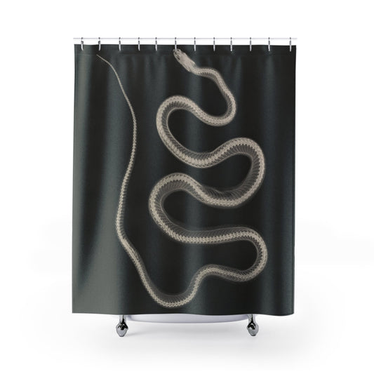 Black and White Shower Curtain with snake X-ray design, minimalist bathroom decor featuring detailed reptile art.