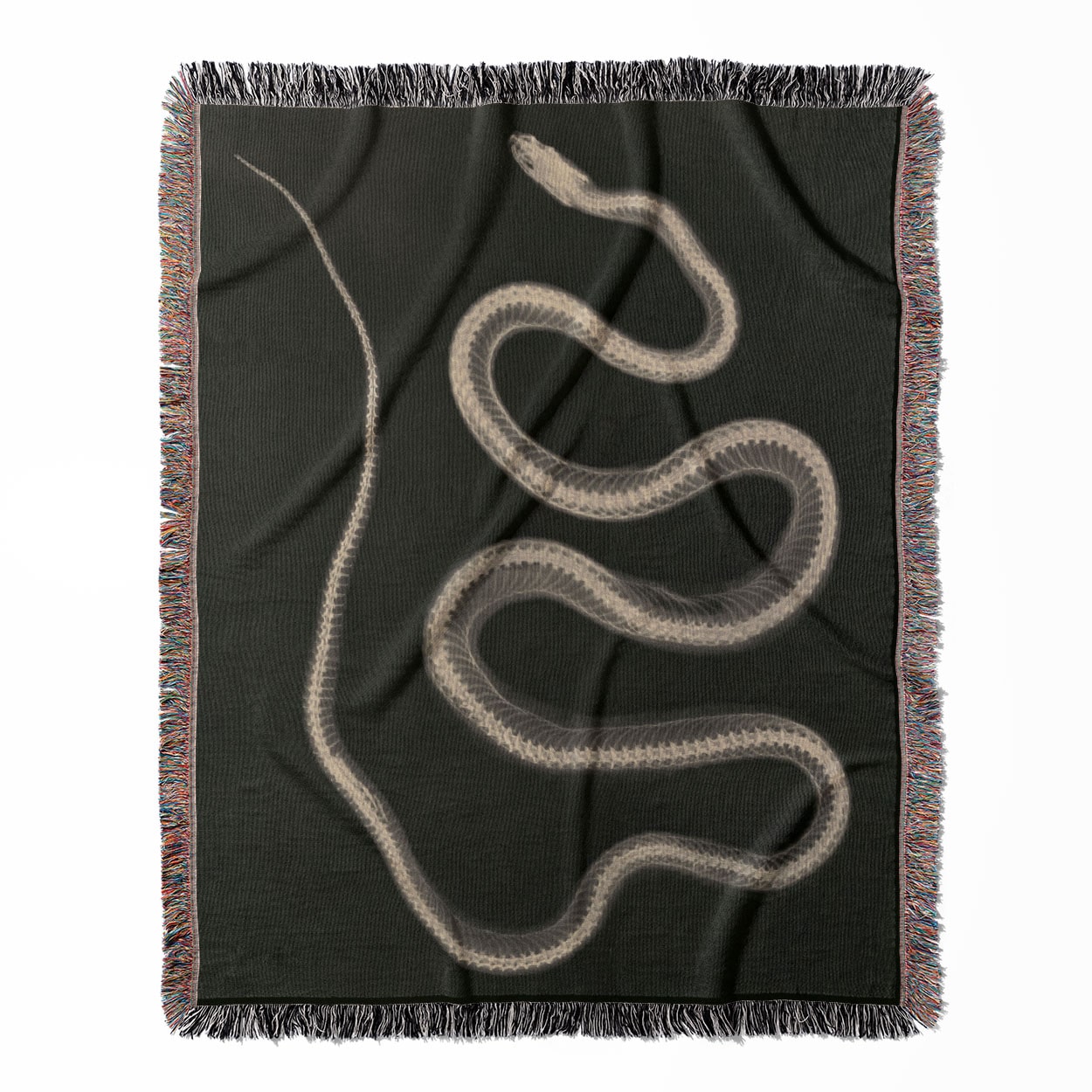 Black and White Snake woven throw blanket, made from 100% cotton, featuring a soft and cozy texture with a snake x-ray design for home decor.