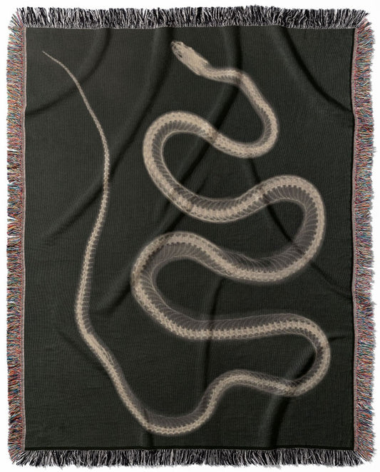 Black and White Snake woven throw blanket, made from 100% cotton, featuring a soft and cozy texture with a snake x-ray design for home decor.