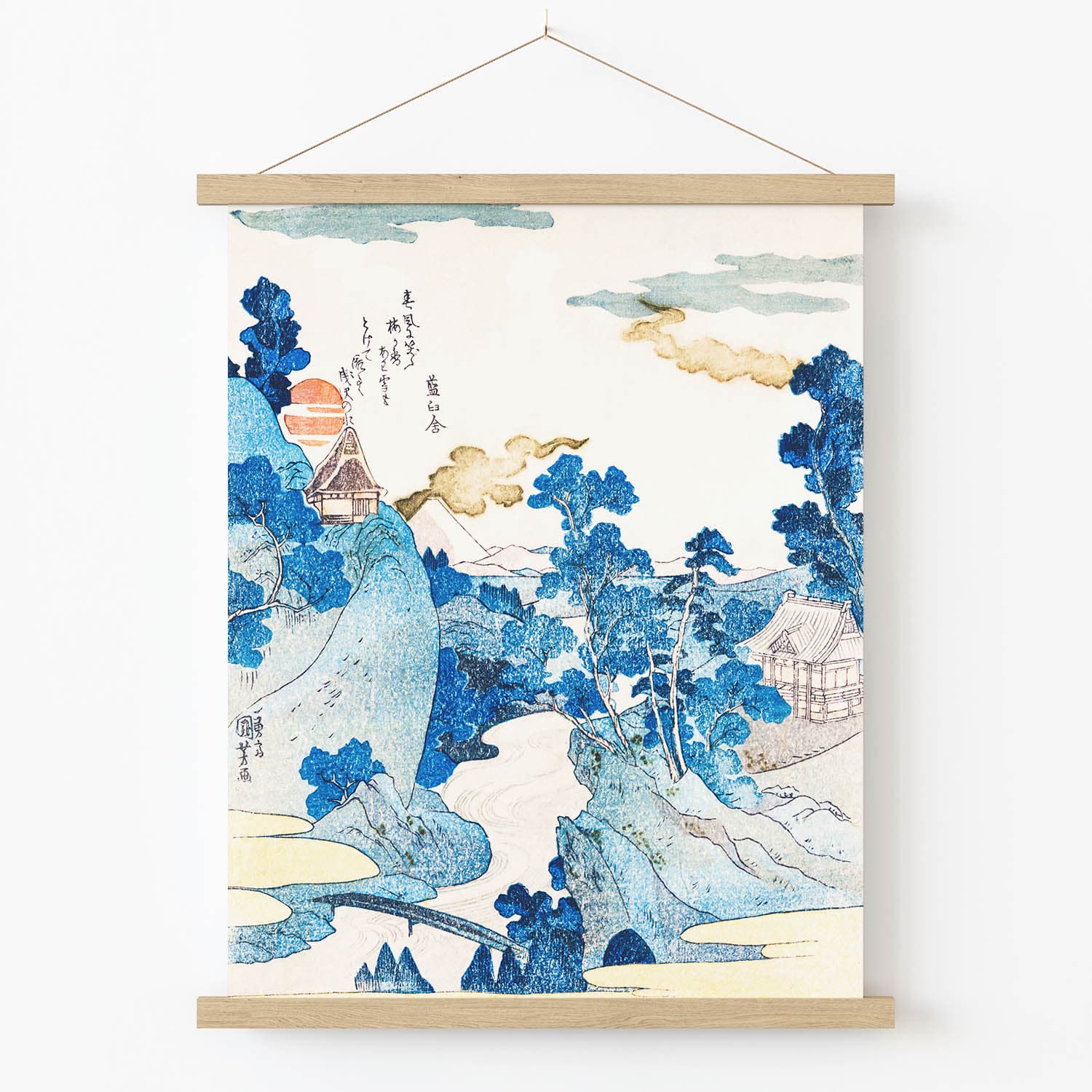 Blue Mountain Landscape Art Print in Wood Hanger Frame on Wall