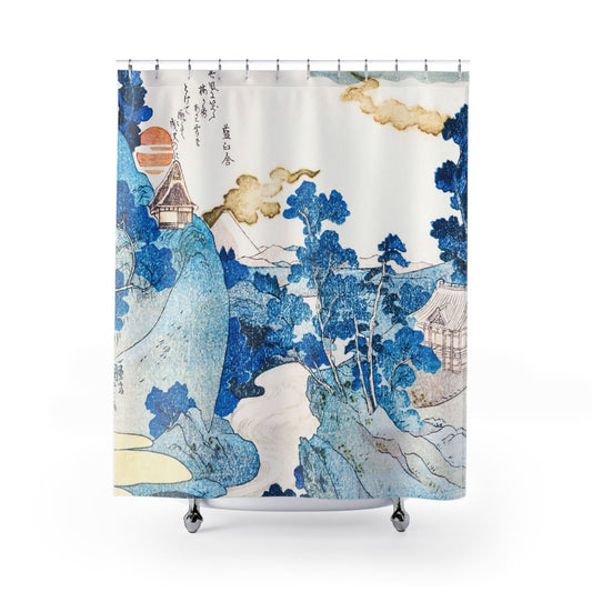 Japanese Shower Curtain with blue mountains design, serene bathroom decor showcasing traditional Japanese landscapes.