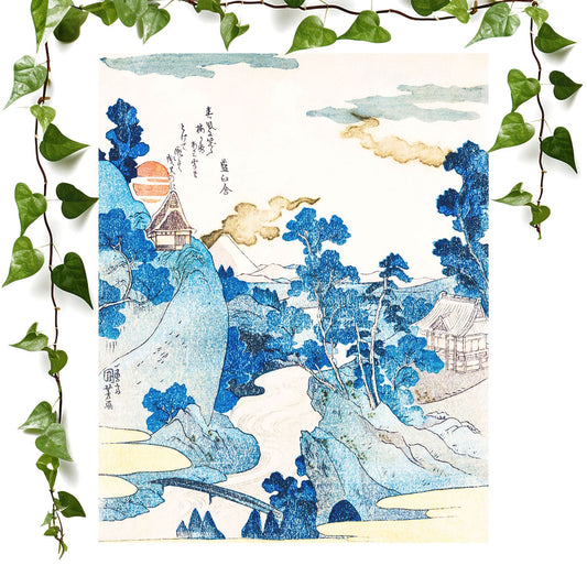 Japanese art prints featuring a blue mountain landscape, vintage wall art room decor