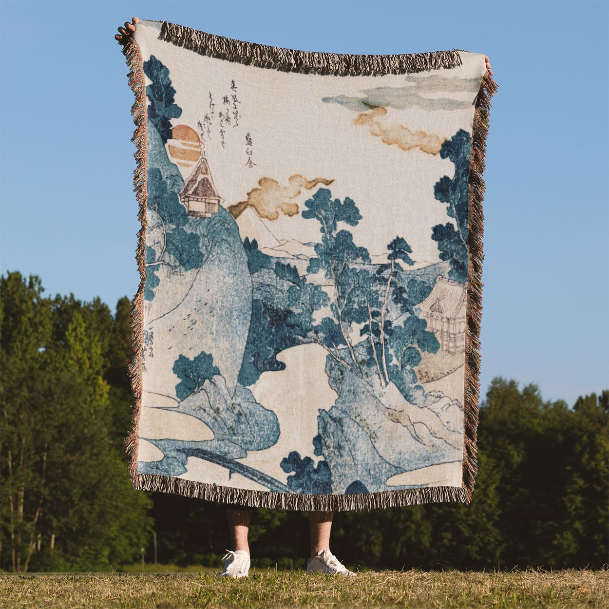 Japanese Woven Blanket | Blue Mountain Landscape | Cozy Cotton Throw Blanket