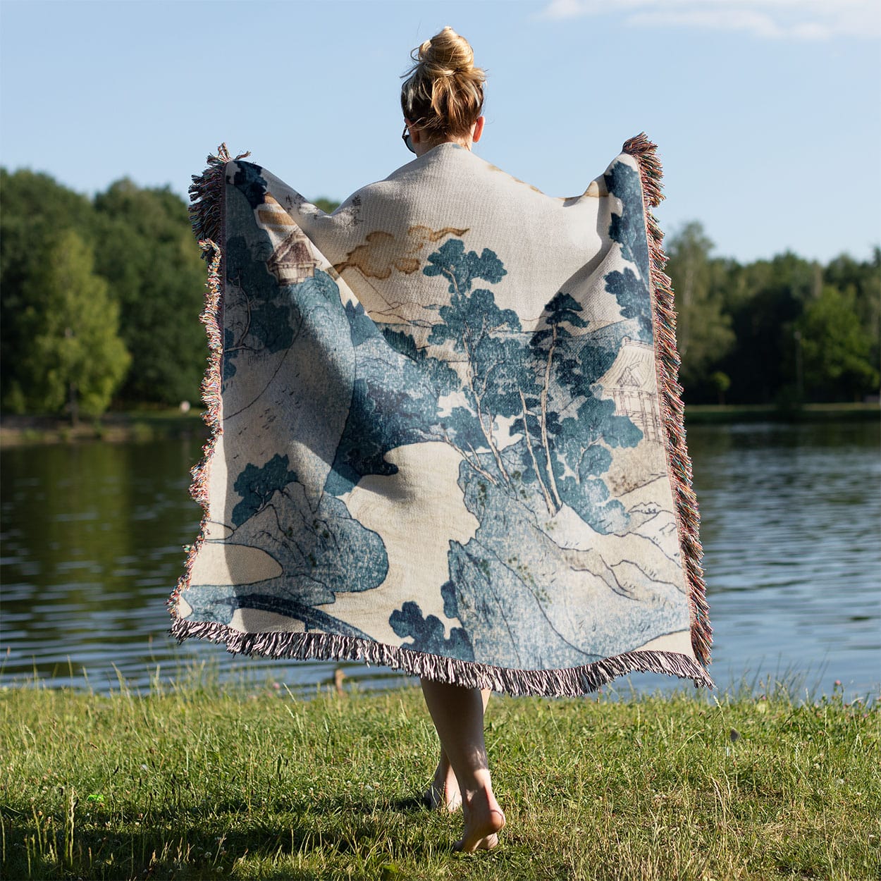 Japanese Woven Blanket | Blue Mountain Landscape | Cozy Cotton Throw Blanket