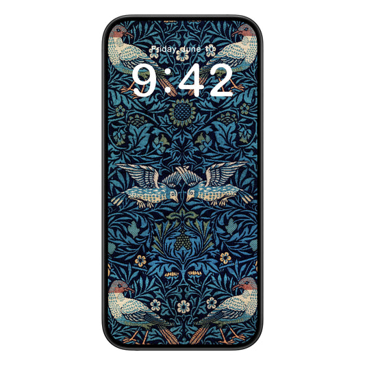Blue Nature Pattern phone wallpaper background with william morris design shown on a phone lock screen, instant download available.