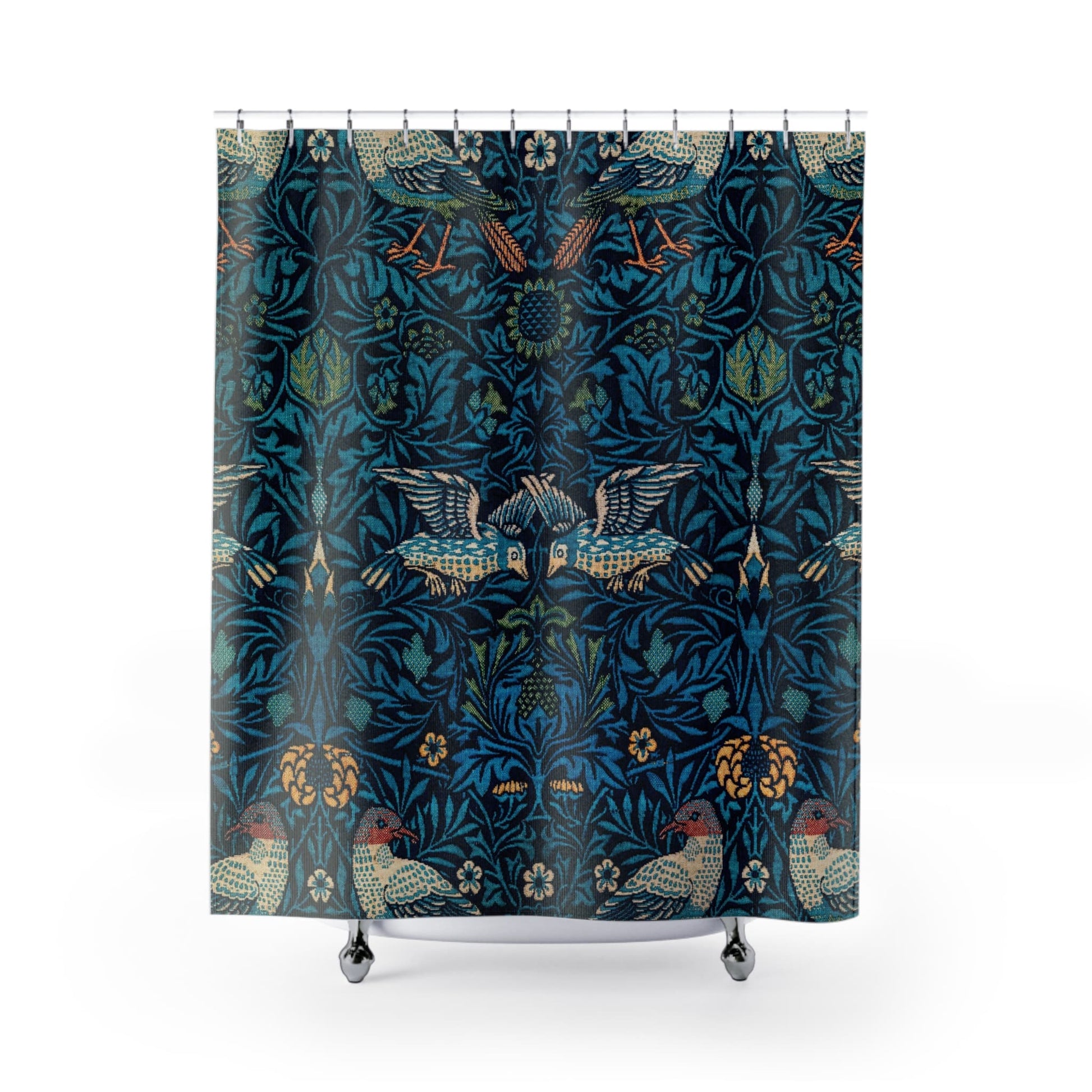 Blue Nature Pattern Shower Curtain with William Morris design, classic bathroom decor showcasing Morris's iconic patterns.