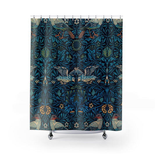 Blue Nature Pattern Shower Curtain with William Morris design, classic bathroom decor showcasing Morris's iconic patterns.