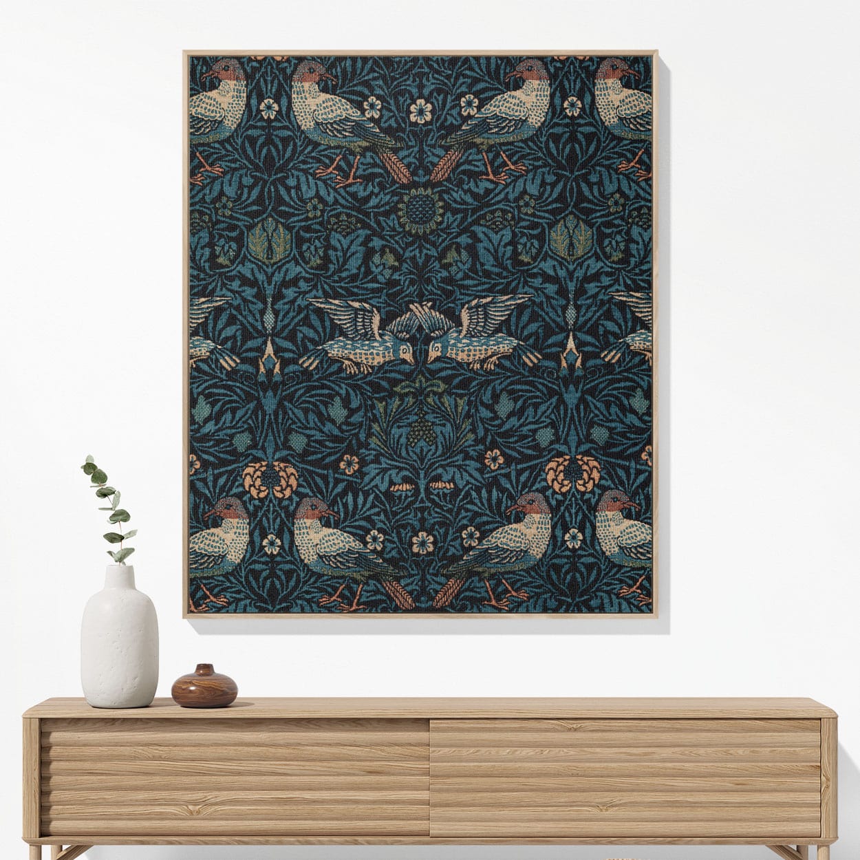 Blue Nature Pattern Woven Blanket Hanging on a Wall as Framed Wall Art