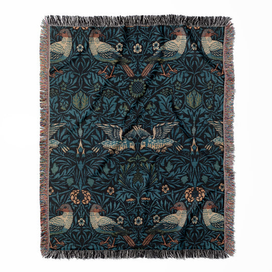 Blue Nature Pattern woven throw blanket, crafted from 100% cotton, offering a soft and cozy texture with a William Morris design for home decor.