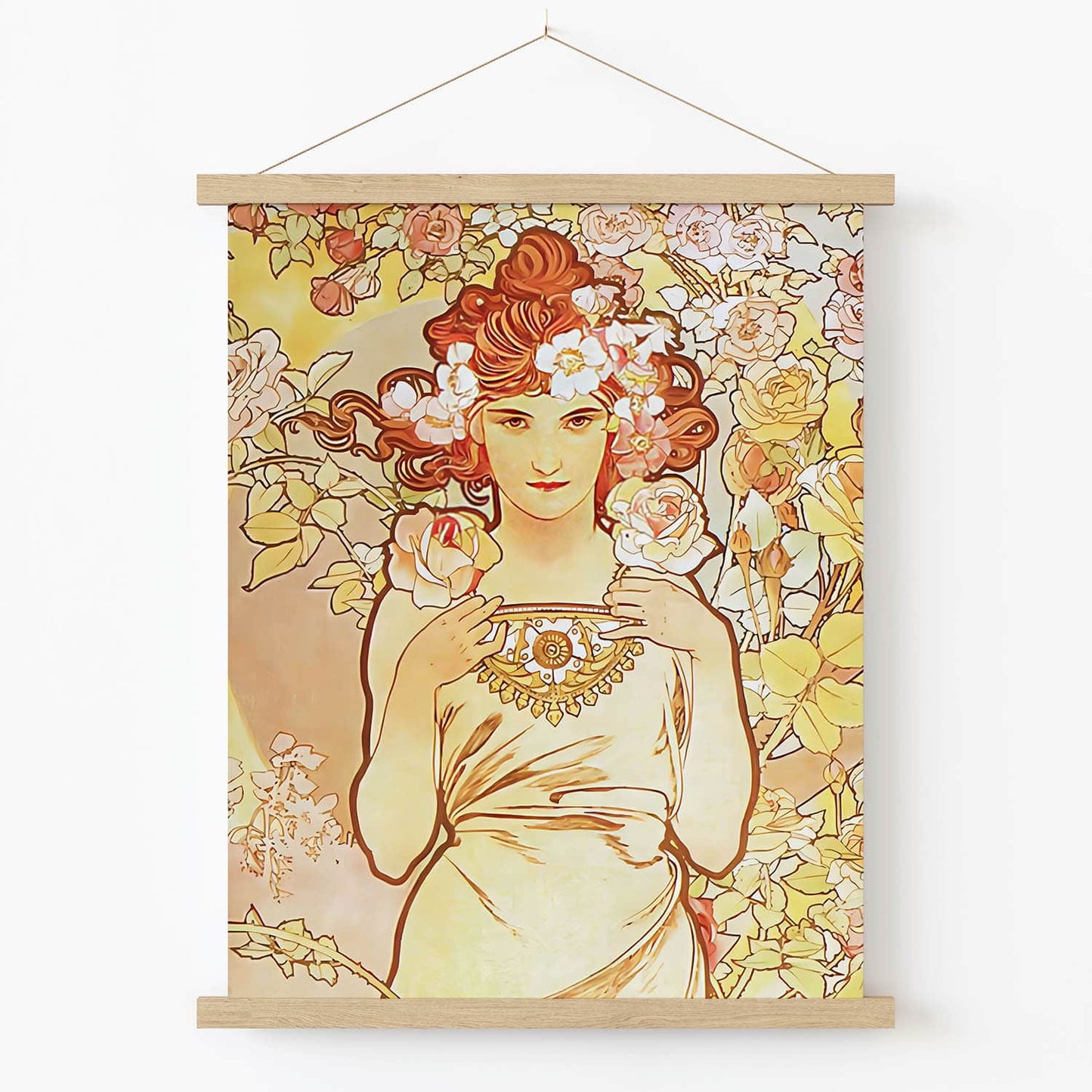 Aesthetic Yellow and Pink Art Print in Wood Hanger Frame on Wall