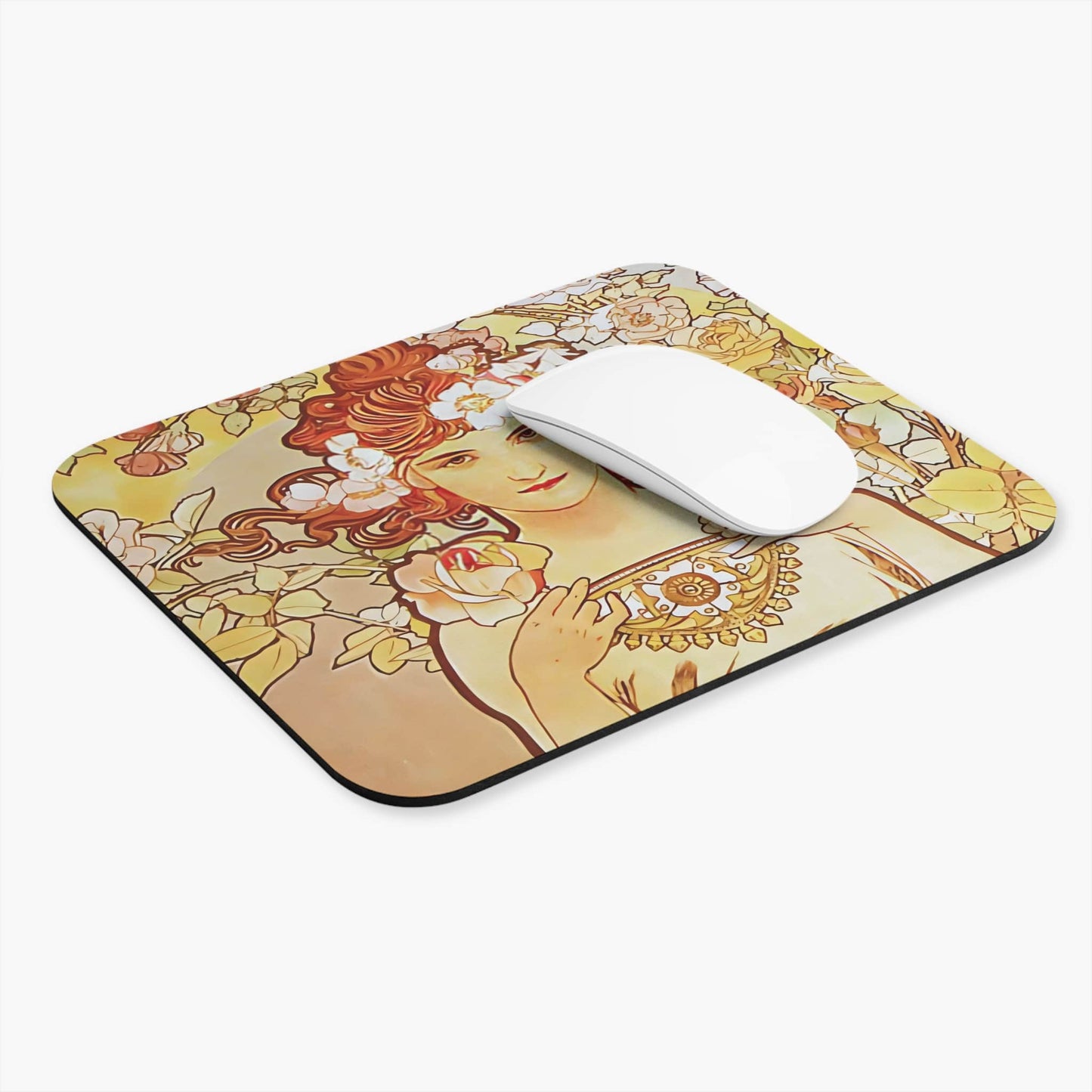 Bohemian Flower Computer Desk Mouse Pad With White Mouse