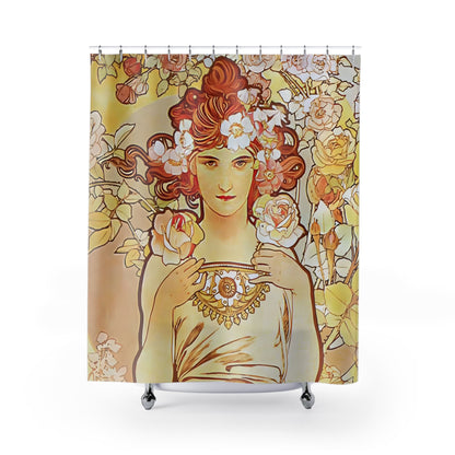 Bohemian Flower Shower Curtain with Art Nouveau design, artistic bathroom decor showcasing bohemian floral art.