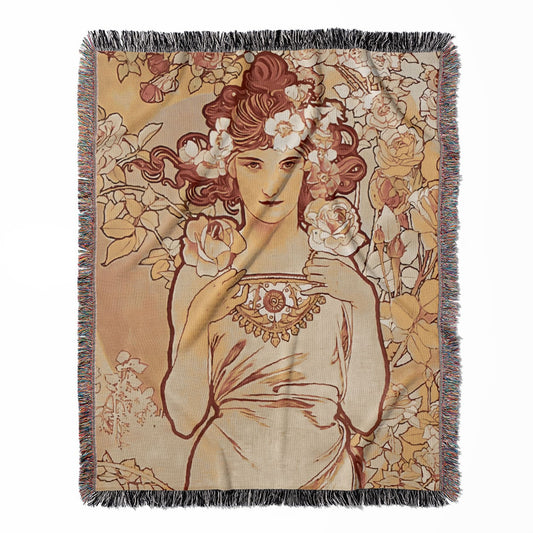 Bohemian Flower woven throw blanket, crafted from 100% cotton, offering a soft and cozy texture with an Art Nouveau theme for home decor.