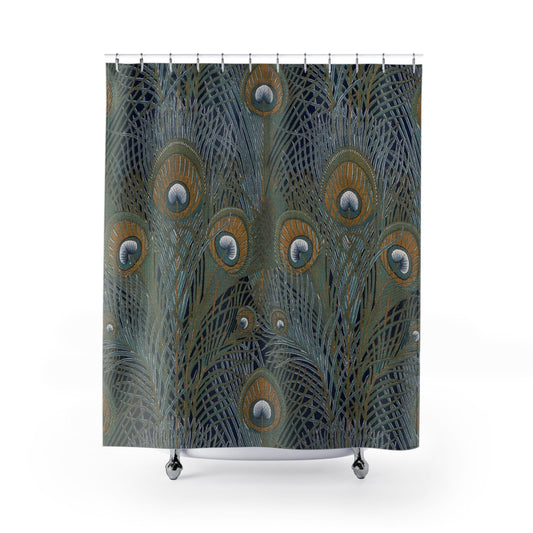 Boho Aesthetic Shower Curtain with peacock feathers design, stylish bathroom decor featuring vibrant boho themes.