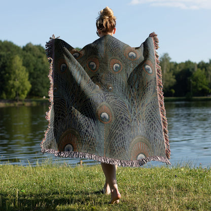 Boho Aesthetic Woven Blanket Held on a Woman's Back Outside