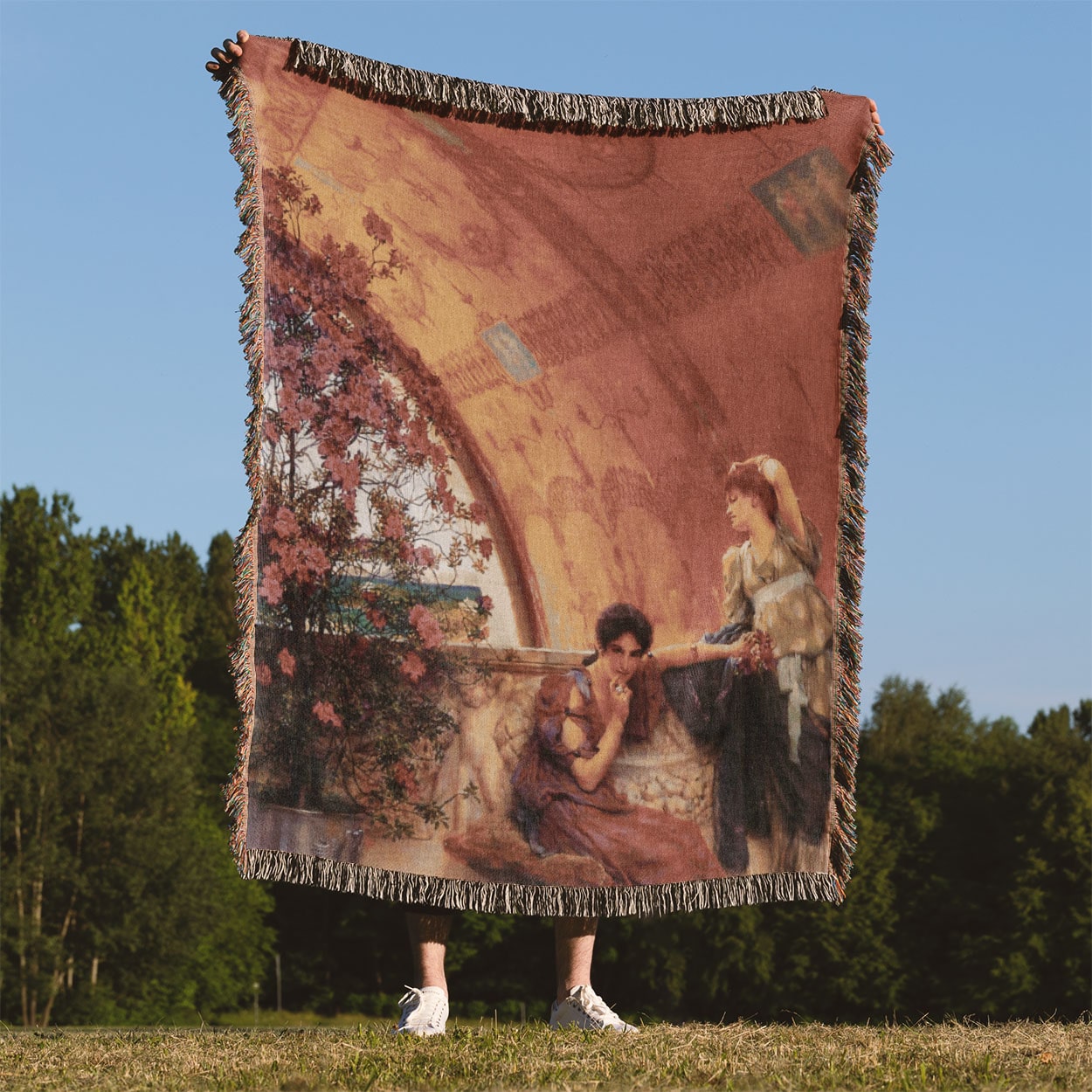 Bright Aesthetic European Woven Throw Blanket Held Up Outside