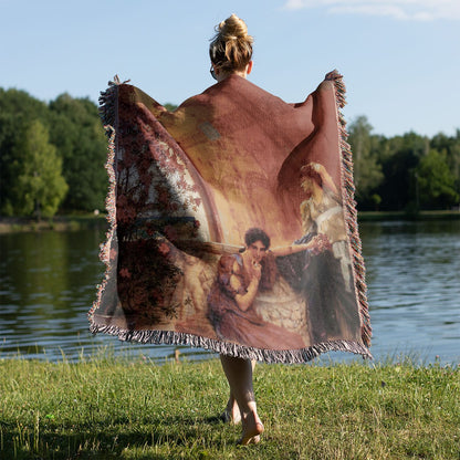 Bright Aesthetic European Woven Throw Blanket Held on a Woman's Back Outside