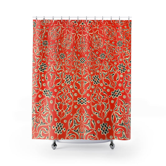 Bright Red Pattern Shower Curtain with abstract Turkish design, vibrant bathroom decor showcasing colorful Turkish patterns.