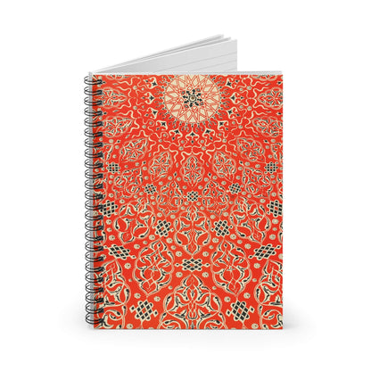 Bright Red Pattern Spiral Notebook Standing up on White Desk