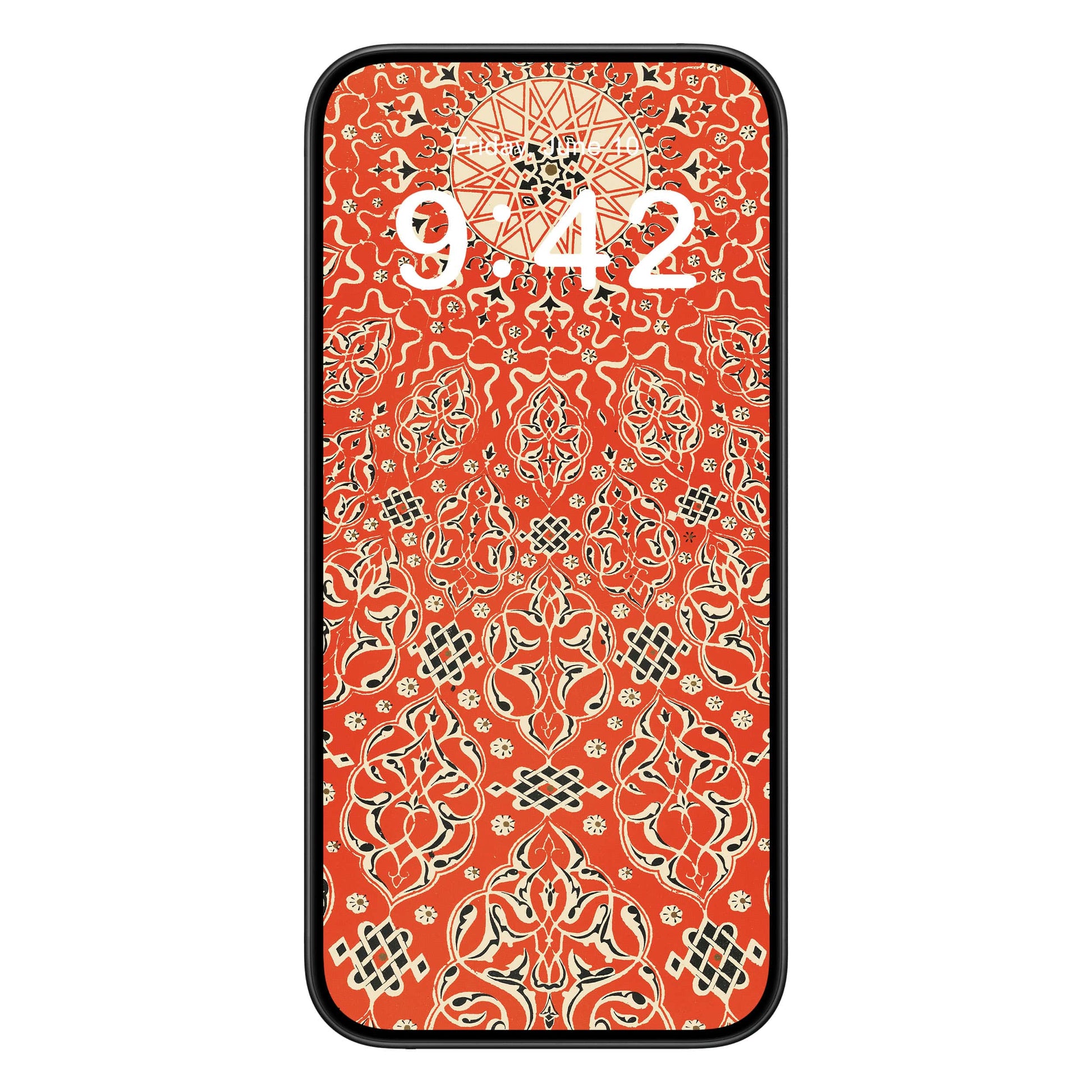 Bright Red Pattern phone wallpaper background with abstract turkish design shown on a phone lock screen, instant download available.