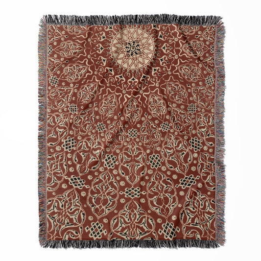 Bright Red Pattern woven throw blanket, made with 100% cotton, delivering a soft and cozy texture with an abstract Turkish design for home decor.