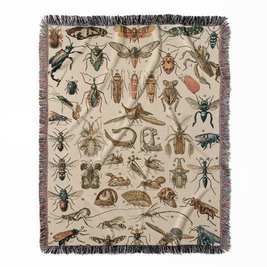 Bugs and Insects woven throw blanket, crafted from 100% cotton, offering a soft and cozy texture with a science drawing for home decor.