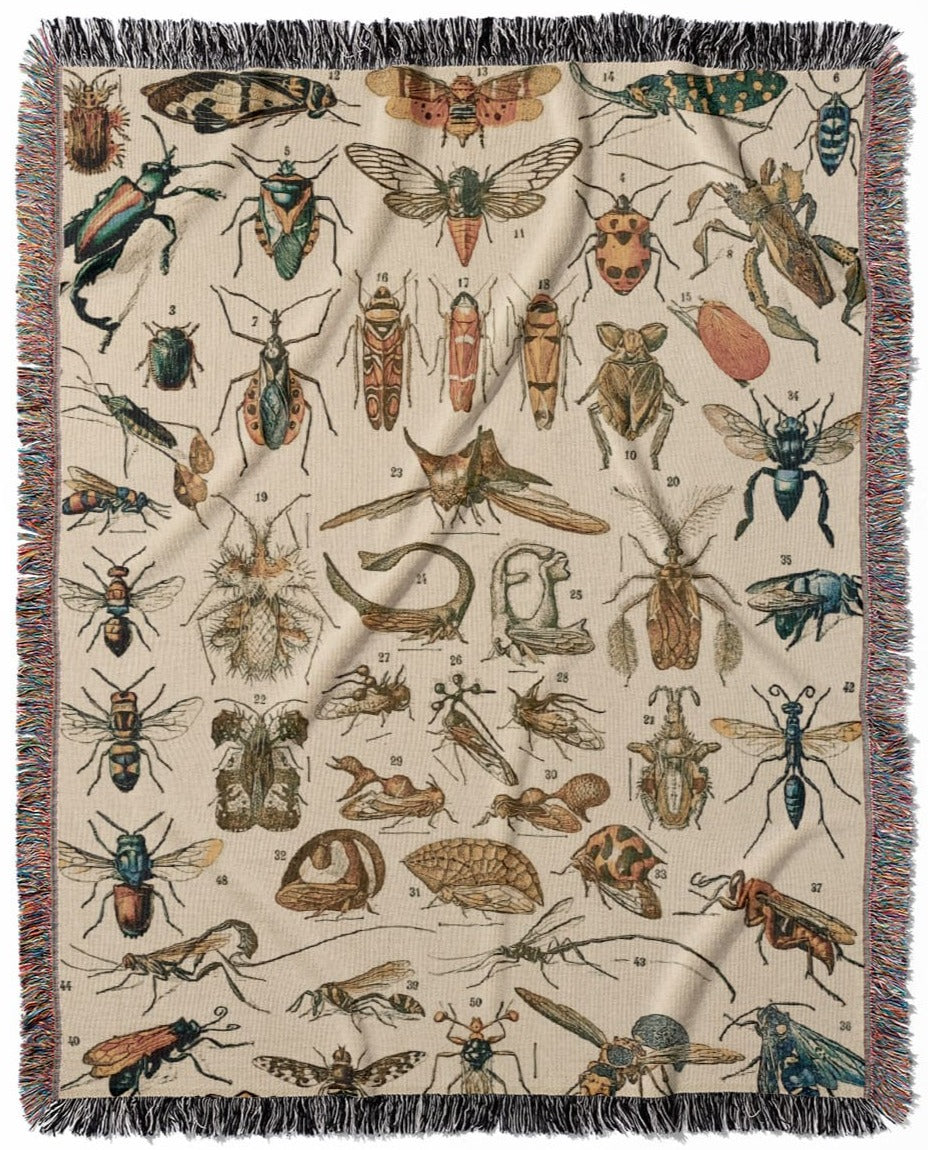 Bugs and Insects woven throw blanket, crafted from 100% cotton, offering a soft and cozy texture with a science drawing for home decor.