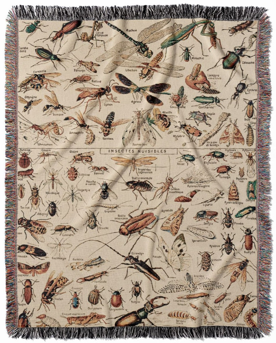 Bugs and Insects woven throw blanket, made with 100% cotton, providing a soft and cozy texture with insect identification for home decor.