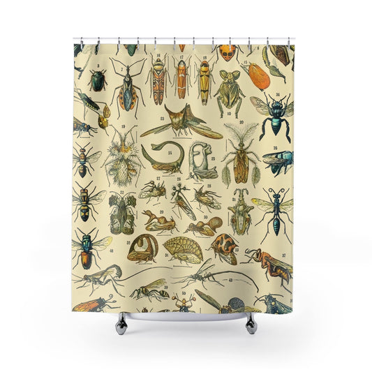 Bugs and Insects Shower Curtain with science drawing design, nature-inspired bathroom decor featuring scientific insect drawings.