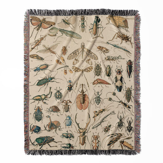 Bugs and Insects woven throw blanket, made of 100% cotton, featuring a soft and cozy texture with a science chart for home decor.