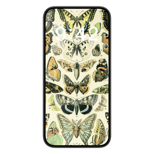 Butterflies phone wallpaper background with papillions design shown on a phone lock screen, instant download available.