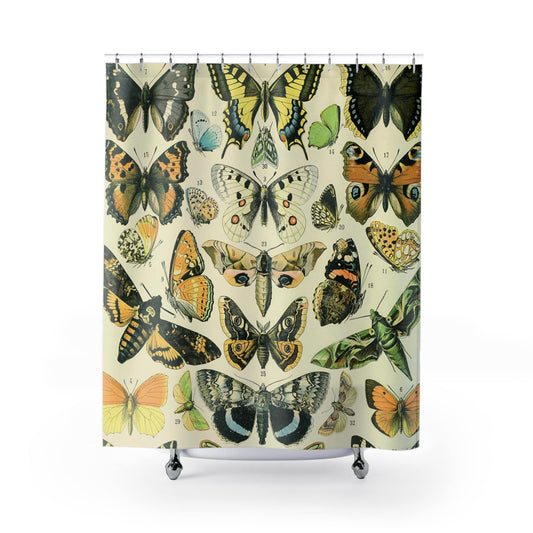 Butterflies Shower Curtain with Papillons design, entomology-inspired bathroom decor featuring vibrant butterfly designs.