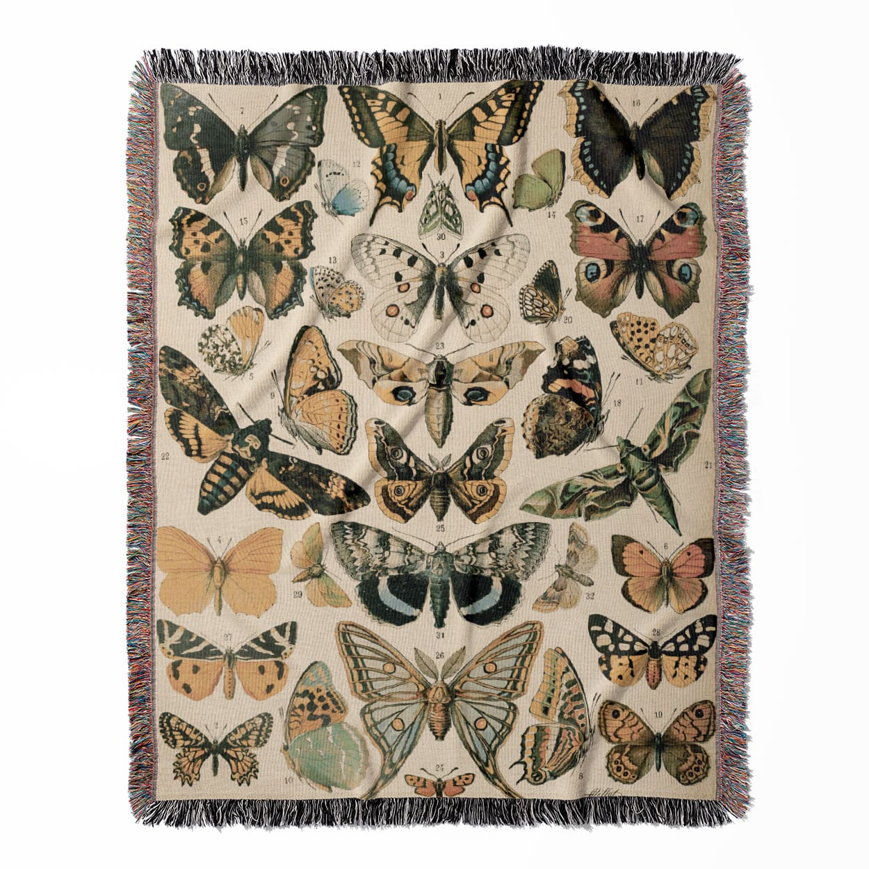 Butterflies woven throw blanket, crafted from 100% cotton, featuring a soft and cozy texture with Adolphe Millot's butterfly illustrations for home decor.
