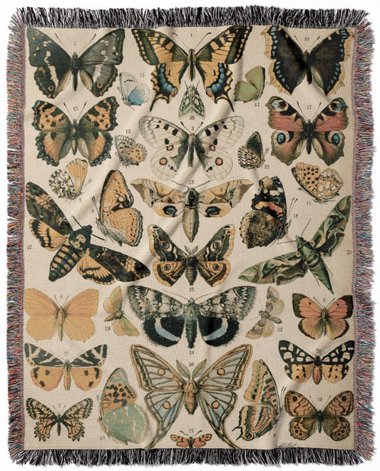 Butterflies woven throw blanket, crafted from 100% cotton, featuring a soft and cozy texture with Adolphe Millot's butterfly illustrations for home decor.