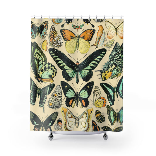 Butterflies and Moths Shower Curtain with cottagecore design, rustic bathroom decor featuring charming insect patterns.