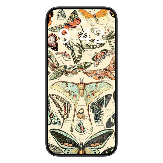 Butterfly phone wallpaper background with botanical design shown on a phone lock screen, instant download available.