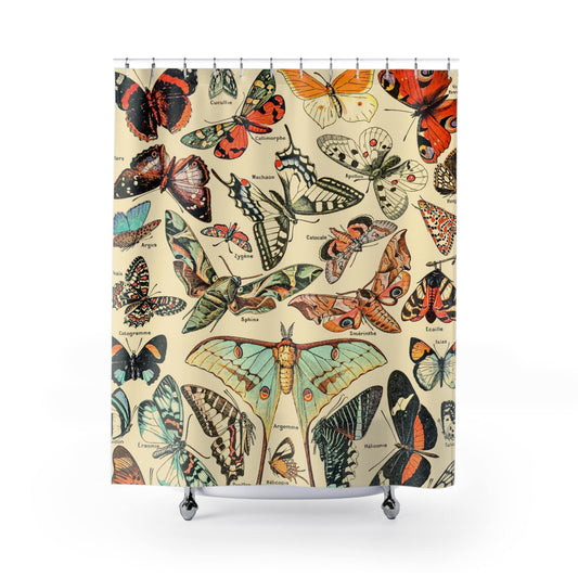 Butterfly Shower Curtain with botanical design, nature-inspired bathroom decor featuring vibrant butterfly motifs.